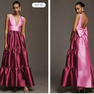 Hutch Harlo Deep-V Back-Bow Tiered Gown